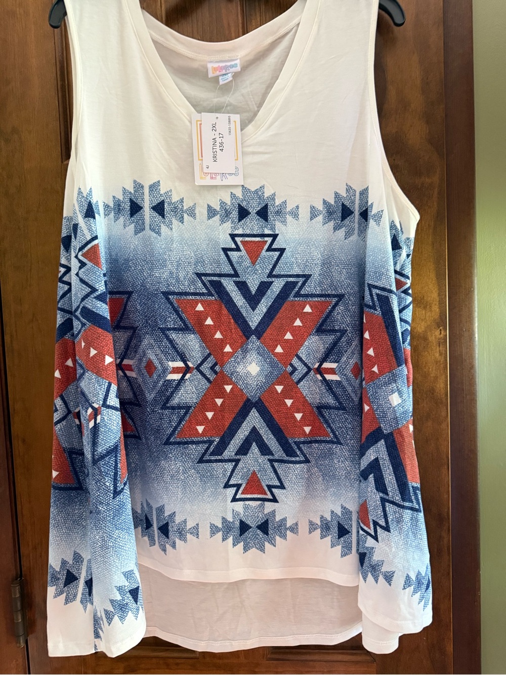 LuLaRoe White Tank with Blue and Red Southwestern Print